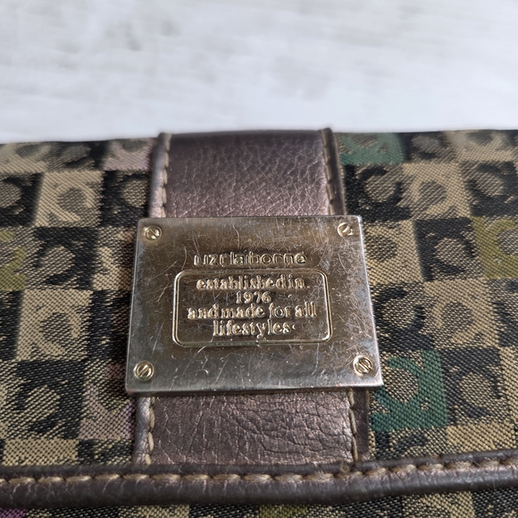 Liz Claiborne Brown Monogram Wristlet with Green and Pink Accents - Picture 2 of 13